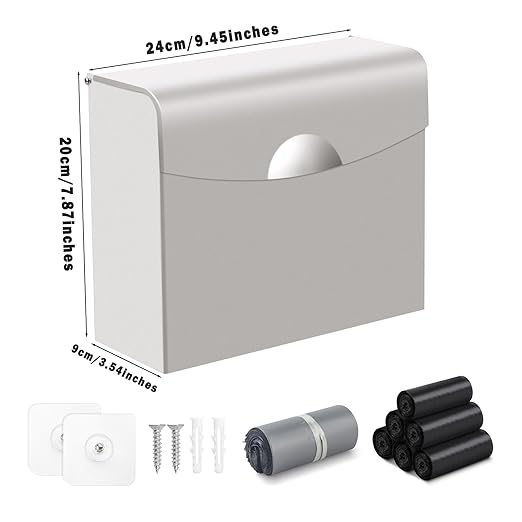 FAOEHN Sanitary Napkin Receptacle with Hygiene Disposal Bags and Trash Bag, 9.4x7.8x3.5 inches Stainless Steel Wall Mounted Feminine Hygiene Bin for Bathroom, Office (Silver)