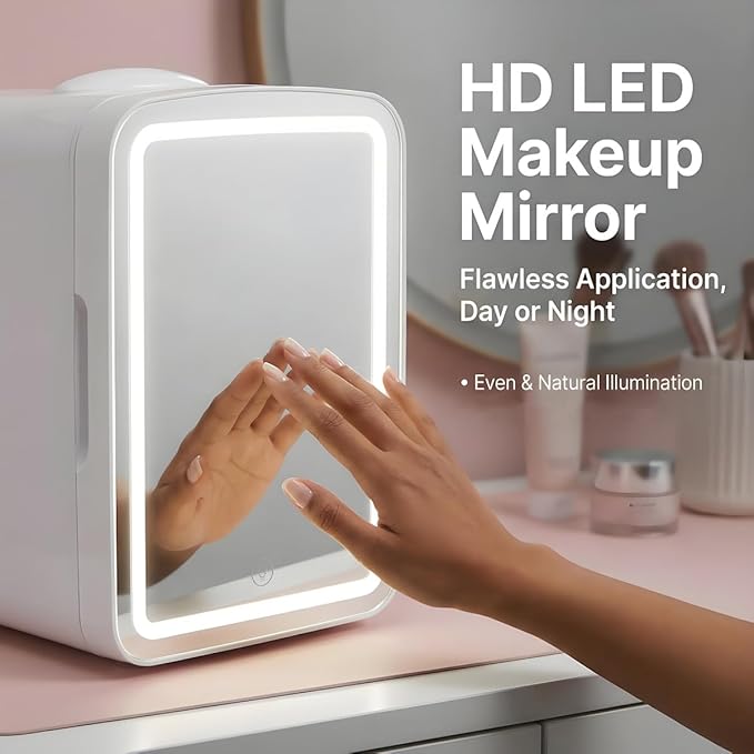 Lispin 4L Mini Skincare Fridge with Dimmable LED Mirror, Portable Beauty Refrigerator for Makeup, Cosmetic, Personal Small Refrigerator with Cooler and Warmer for Bedroom, Office and Car