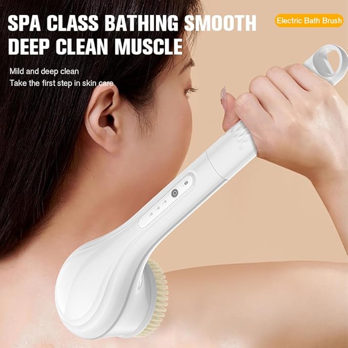 Electric Body Brush Set, Electric Body Brush for Shower, exfoliating Bath Brush with Long Handle, for Shower Lotion applicator, Back Silicone Body Scrub, with 6 Shower Brush Heads (White)