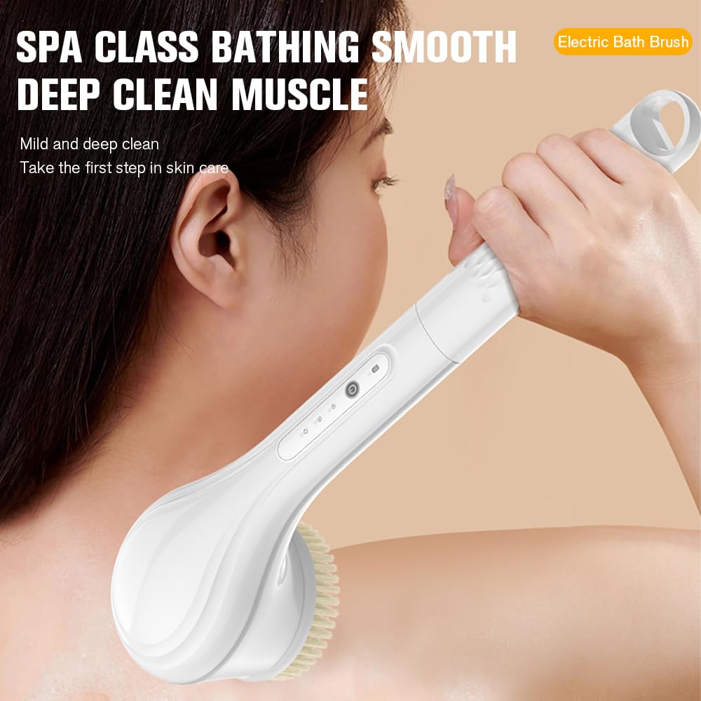 Electric Body Brush Set, Electric Body Brush for Shower, exfoliating Bath Brush with Long Handle, for Shower Lotion applicator, Back Silicone Body Scrub, with 6 Shower Brush Heads (White)