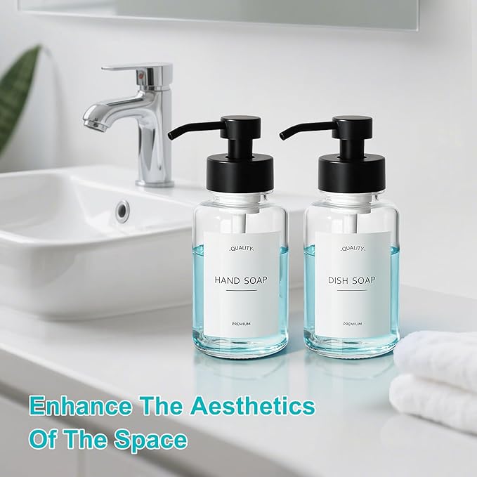 RACOBOT Foaming Hand Soap Dispenser, 14.1 oz/400ml Foaming Soap Dispenser, 2 Pack Glass Foaming Dispenser for Bathroom & Kitchen, Clear Refillable Liquid Dispenser Bottle with Waterproof Labels