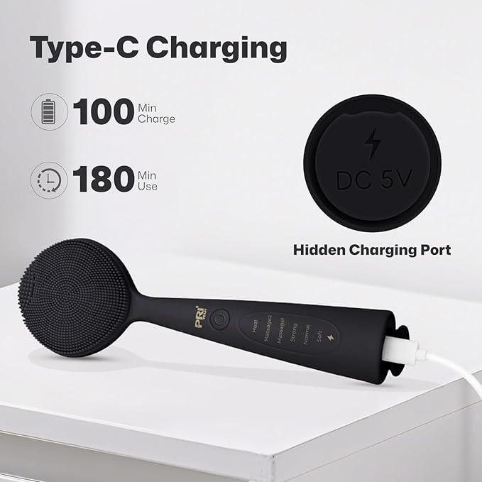 PRITECH Facial Cleansing Brush with Vibrating, Rechargeable Silicone Face Scrubber for Deep Pore Cleaning, Exfoliator & Waterproof Face Brush with Heat End for for Women and Men (Black)