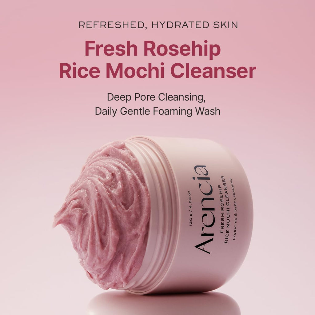 Arencia Rosehip Rice Mochi Face Cleanser & Daily Scrub - Moisturizing, Exfoliating & Deep-Cleansing - All Skin Types with Rice Powder & Rice Water (4.23oz)