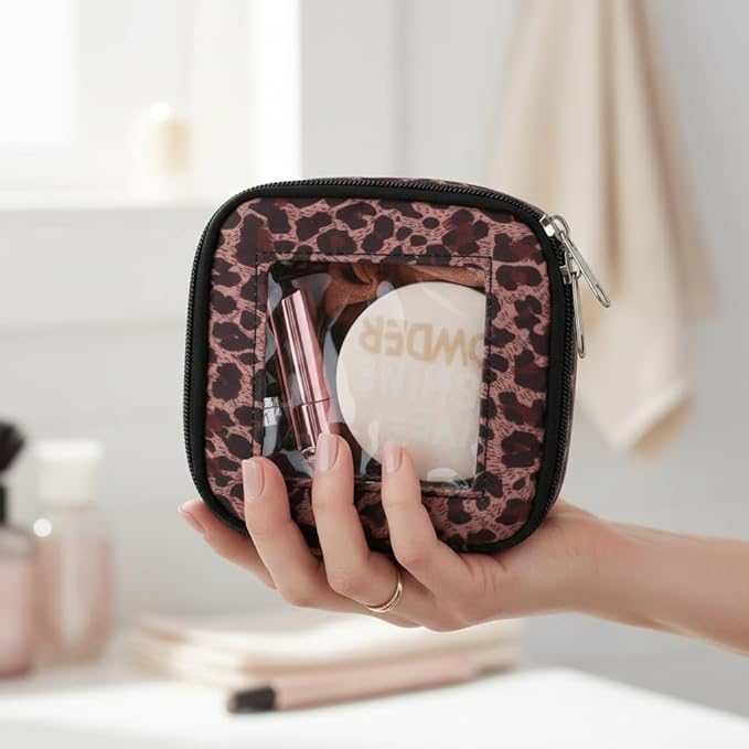 DOB SECHS Mini Leopard Makeup Bag for Purse 5.1'' x 5.1'' Small Makeup Bag for Car Cute Clear Cosmetic Bags with Zipper, Tiny Toiletry Bag Lipstick Organizer Pouch Case Travel Essentials Storage Pouch
