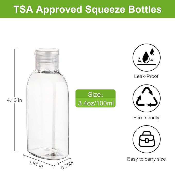 Wowang Travel Bottles for Toiletries 6 Pack 3.4oz/100ml TSA Approved Shampoo and Conditioner Bottles Leak-proof Squeezable Travel Size Containers Refillable Empty Plastic Squeeze Bottle (Clear)