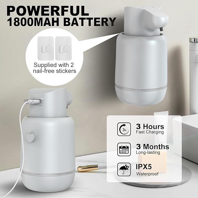 Automatic Soap Dispenser, Rechargeable & Touchless with 4 Adjustable Levels, 15oz/420ml, Waterproof, Wall Mountable for Kitchen, Bathroom, Hotel (Foam, Grey)