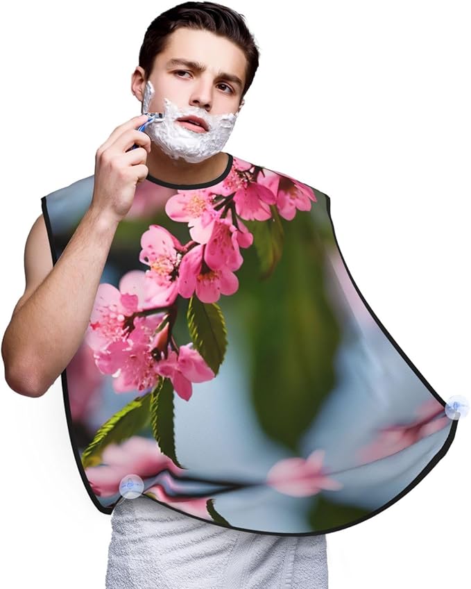 Pinks Cherry Blossoms Print Beard Bib Shaving Apron, Beard Hair Trimming Cape Gift For Dad