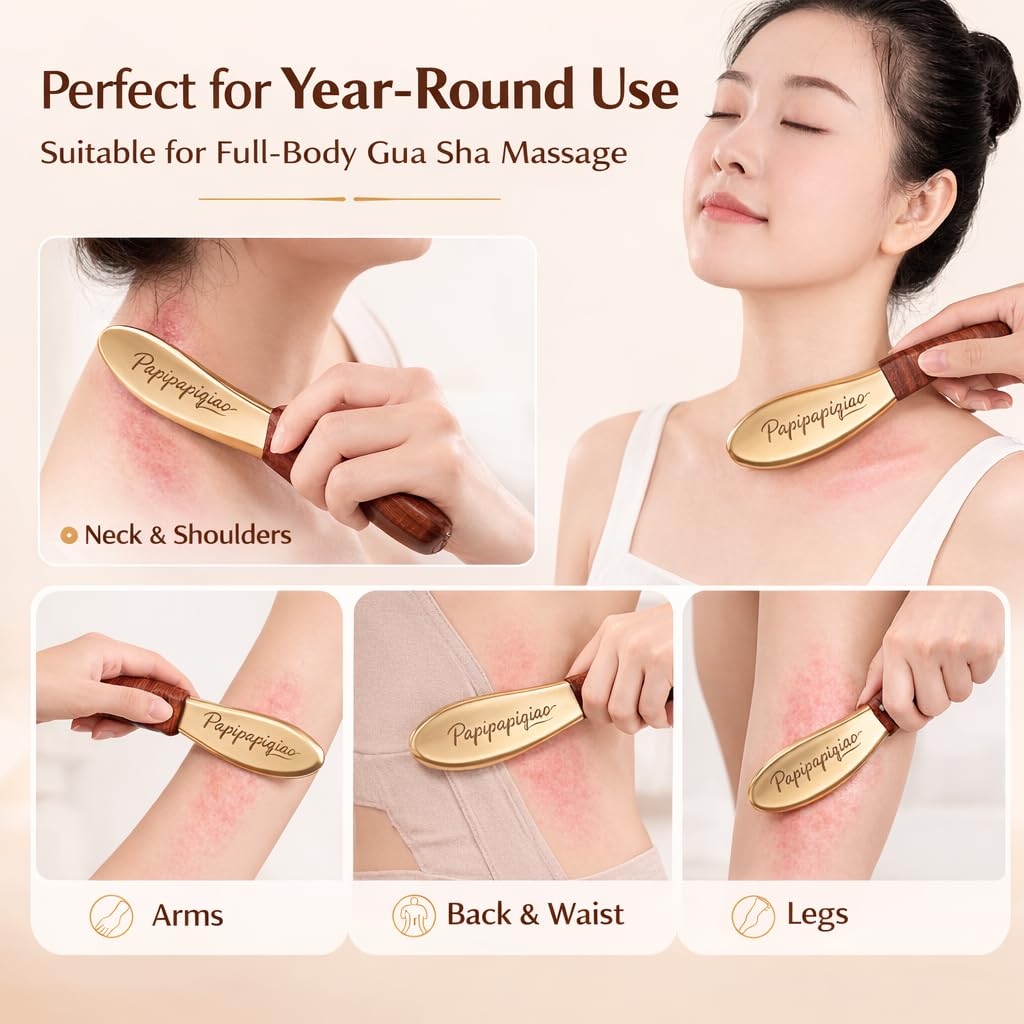 Papipapiqiao Copper Brass Gua Sha Muscle Scraper Tool with Wooden Handle – H62 Brass IASTM Soft Tissue Massage Tool for Fascia Release & Scar Tissue Relief – Deep Tissue Scraping Tool for Back & Body