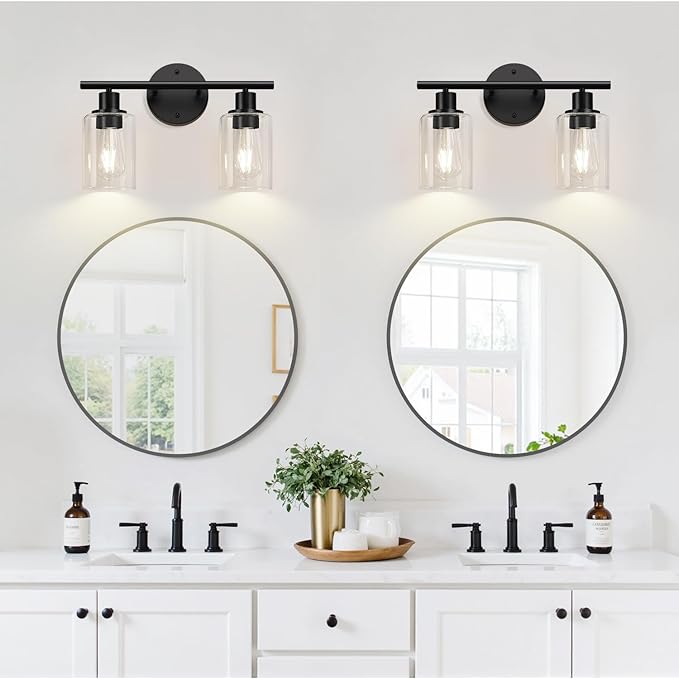 Zarbitta 2-Light Bathroom Light Fixtures, Black Modern Vanity Lights with Clear Glass Shade, Bathroom Wall Lamp for Mirror Kitchen Living Room Hallway Cabinet Porch