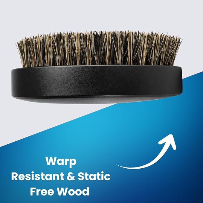 Beard Brush for Men, Natural Boar Bristles, Black Oval Wave Brush, Warp Resistant Wood Handle, for Fuller Thicker Hair, Beard & Mustache Growth, Exfoliation (Black 2)