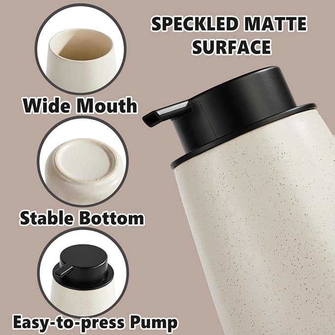 12Oz Hand Soap Dispenser Set - 2 Pack Ceramic Foam Soap Dispenser Set with Easy-to-Press Black Pump, Refillable Mordern Foaming Dish Soap Dispensers for Bathroom & Kitchen (Beige, Foam Pump)