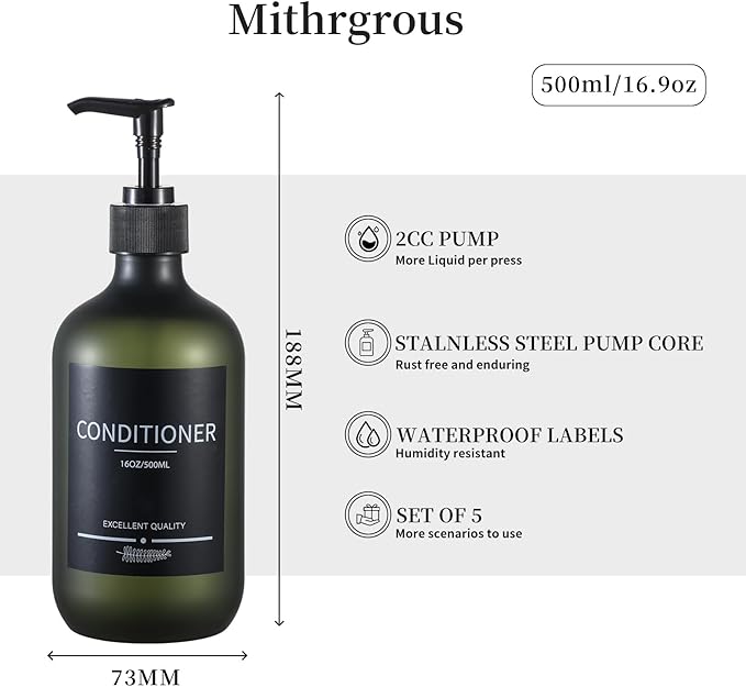 Mithrgrous Plastic Refillable Shampoo and Conditioner Bottles with Pumps and Labels (5-Pack, Green)