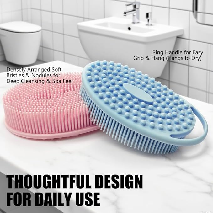 Silicone Body Scrubber Body Shower Bath and Shampoo Brush Shower Cleaning Gentle Exfoliating Use for All Skin Type Men & Women Pink