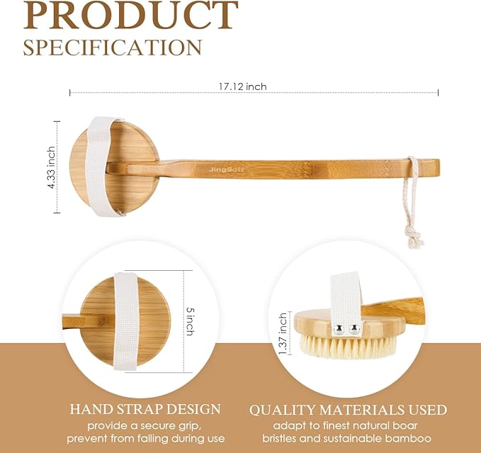 JingSoft Detachable Dry Brushing Body Brush, Natural Boar Bristle Back Scrubber for Shower for Men and Women with Long Handle for Exfoliation and Lymphatic