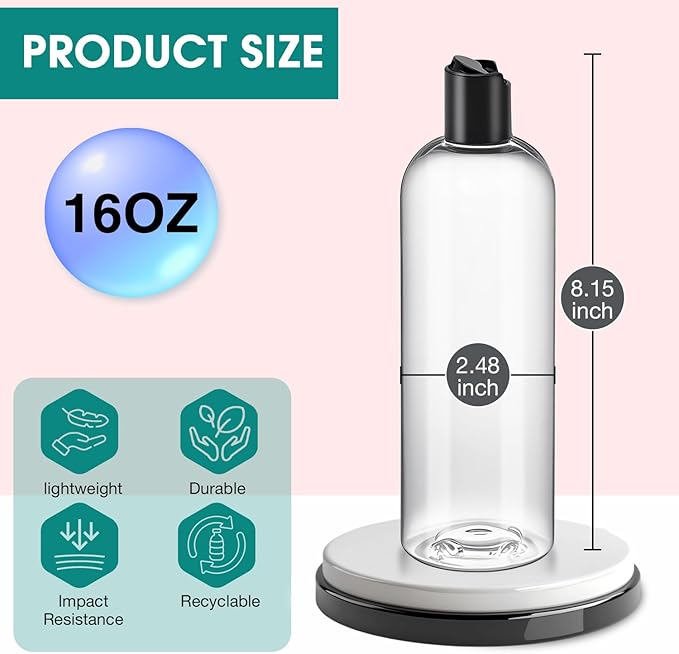 DPLASKA 6 Pcs 16 oz Clear Plastic Empty Bottles with Black Disc Top Caps, Squeezable Refillable Shampoo Bottles Travel Cosmetic Containers for Lotions, Body Soap Cream