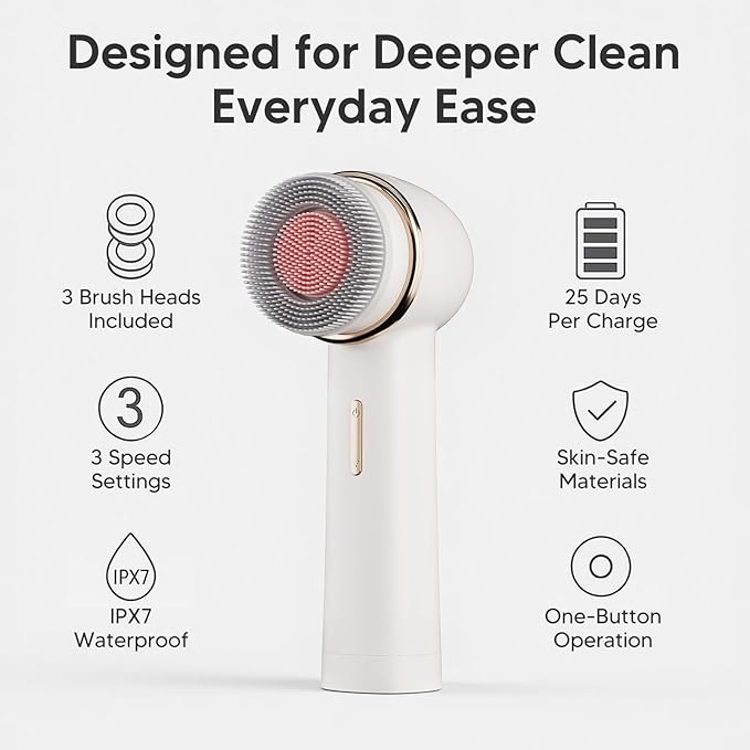 Teen Girls Electric Facial Cleansing Brush – Rechargeable Waterproof Dual Rotating Face Scrubber with 3 Interchangeable Heads, Soft Silicone Exfoliator, Perfect Skincare Gifts