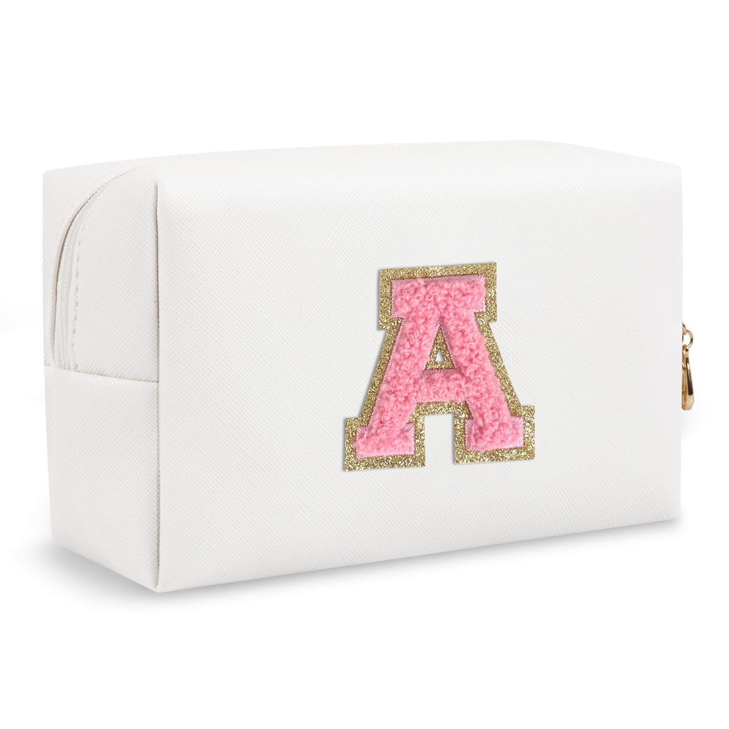 Bride Gifts – Personalized Initial Makeup Bag with Pearl Rhinestone Patch, Preppy White Monogram Cosmetic/Toiletry Pouch, bridesmaid Gifts, Bridal Shower Gifts, Wedding Gifts, Bridal Gifts,U — A