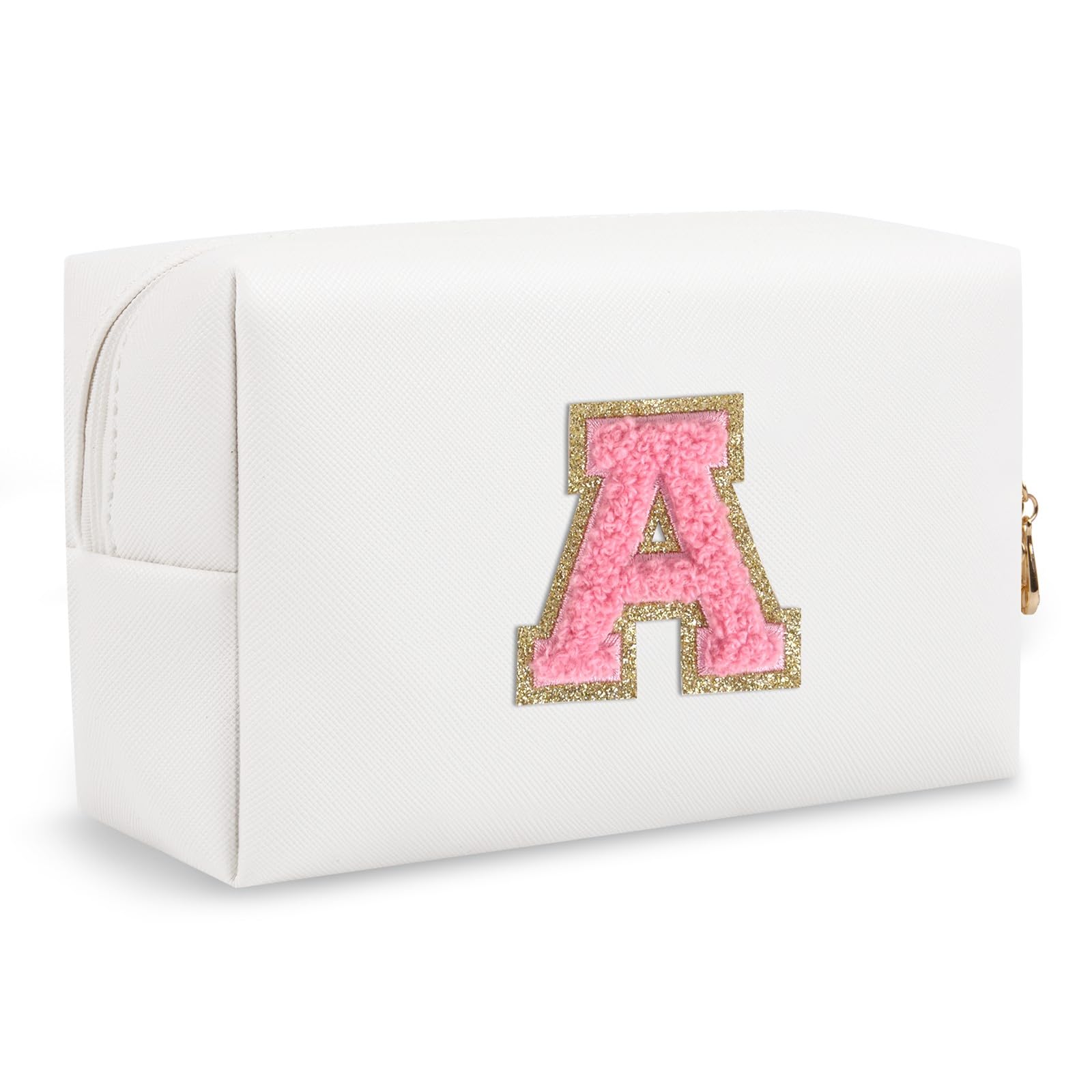 Bride Gifts – Personalized Initial Makeup Bag with Pearl Rhinestone Patch, Preppy White Monogram Cosmetic/Toiletry Pouch, bridesmaid Gifts, Bridal Shower Gifts, Wedding Gifts, Bridal Gifts,U — A