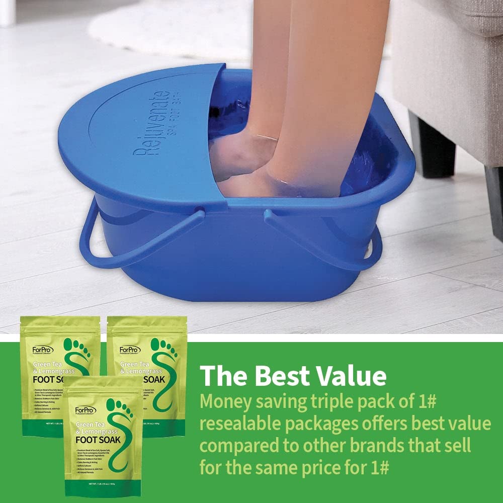 ForPro Professional Collection Green Tea & Lemongrass Foot Soak with Sea & Epsom Salt for Toenail Athletes, Stubborn Odor Scent, Softens Calluses & Soothes Sore Tired Feet - 48 Ounces (3 1-lb Packs)