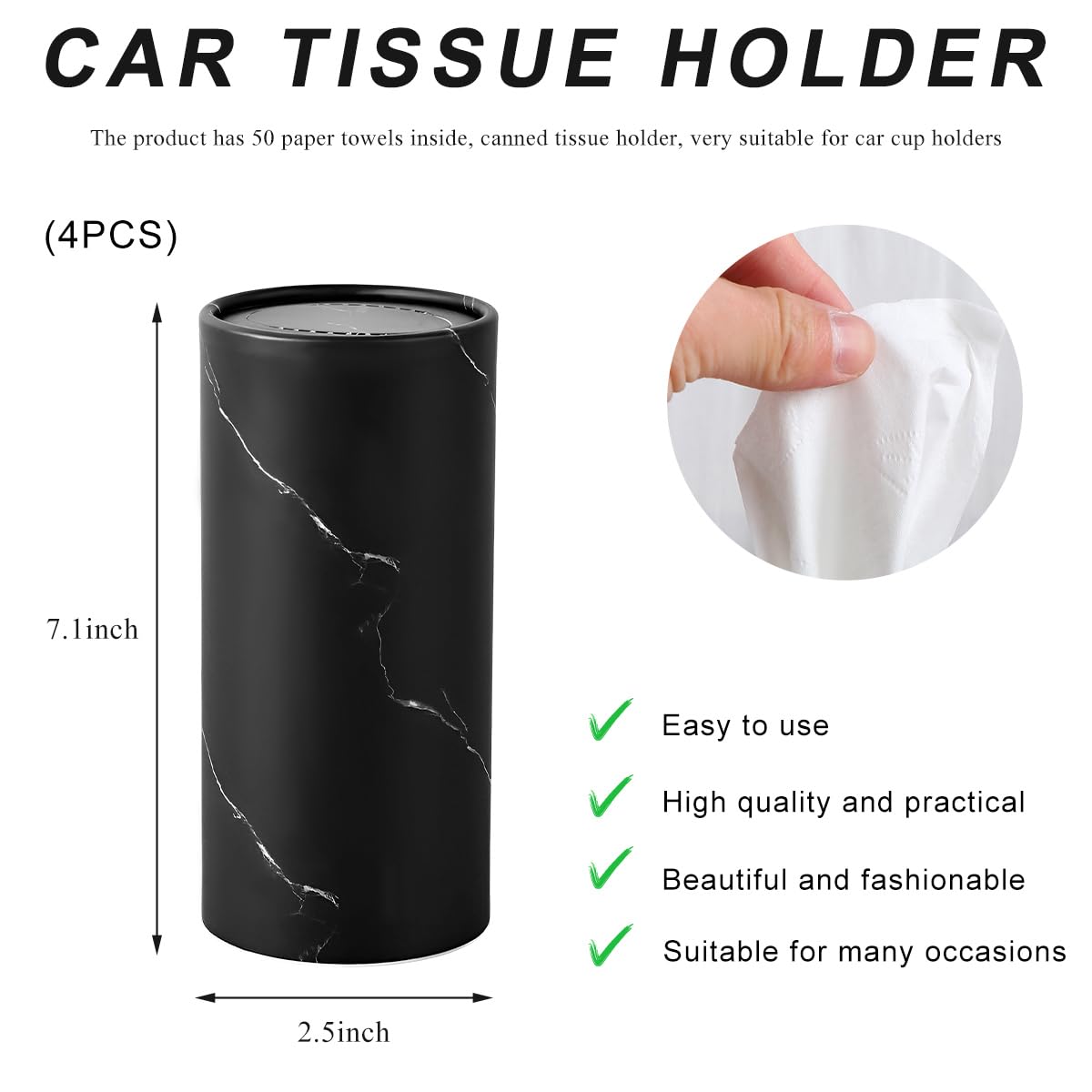 FSTURIOS 4PCS Car Tissue Holder, Car Cup Holder Convenient Travel Tissue Tube Box with Facial Tissues, Portable Round Tissues Holder Paper Towel Cylinder for Car Home Office (Marble Black)
