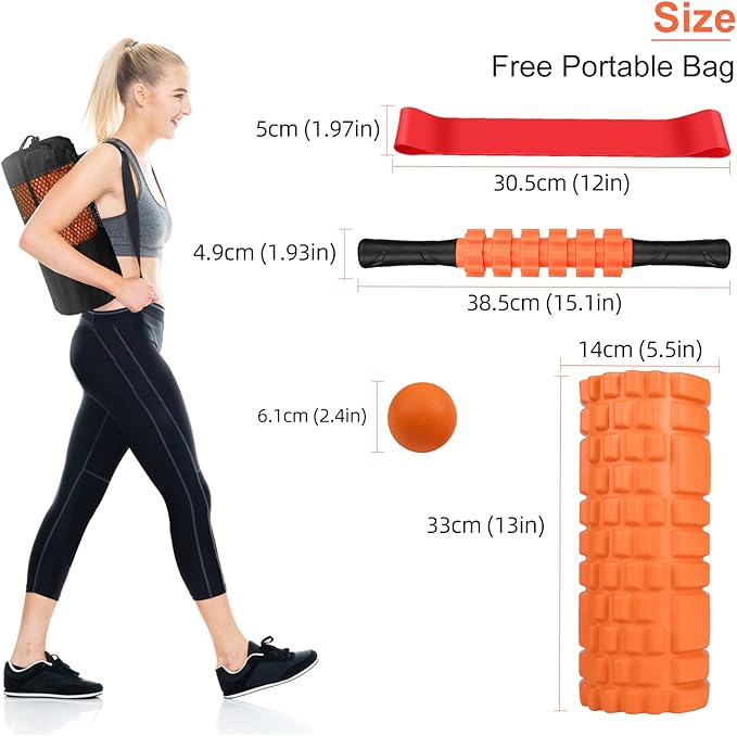 Aucuu 6 in 1 Foam Roller Set Includes Hollow Core Massage Roller, Yoga Stick, Massage Ball, Fitness Stretching Strap, Carrying Bag, Towel, Massage Roller (Orange)