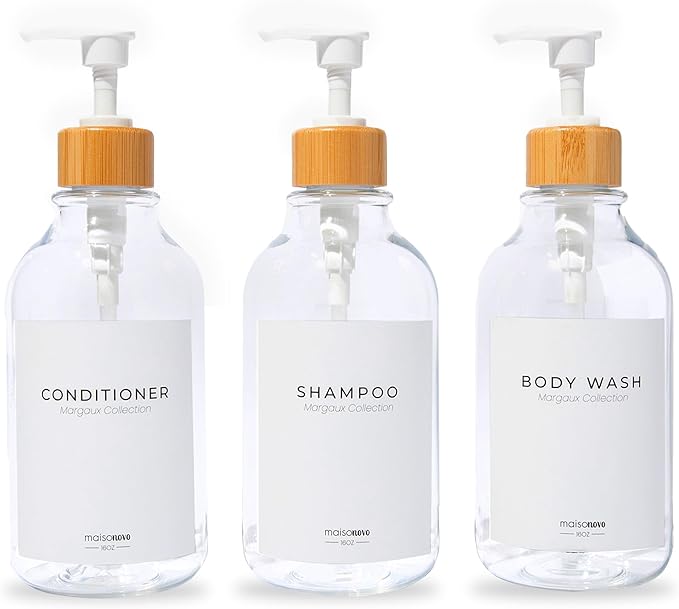 Shampoo and Conditioner Bottles Set of 3 Clear Bamboo – Shower Shampoo Dispenser – Hotel Style Bathroom Upgrade by MaisoNovo