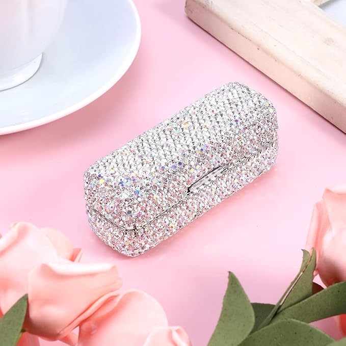 FuGuiHui Rhinestone Lipstick Case with Mirror Bling Crystal Lipstick Case 3.44x1.12x1.2in Diamonds Makeup Cosmetic Storage Box Holder for Purse(COLOR:White)