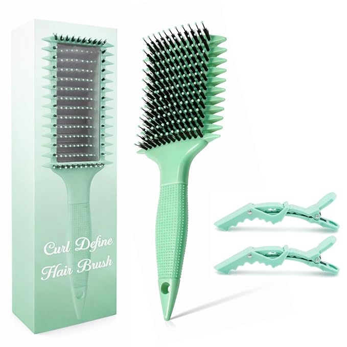 Curl Defining Brush with Hair Clips – Detangling Tool for Wet or Dry Styling, Ideal for Curly Hair, Women & Girls (Green)