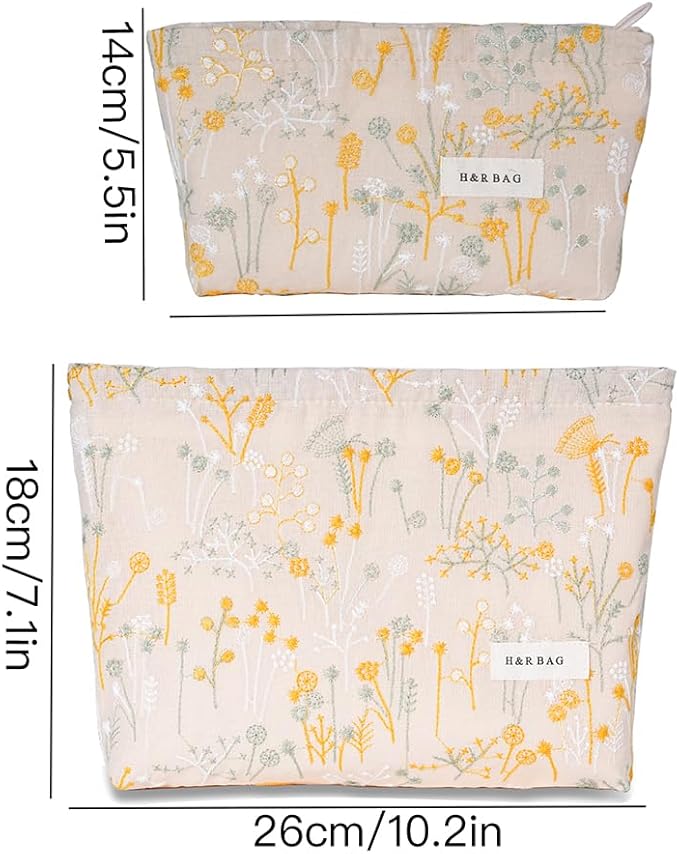 BOCGRPU 2 Pcs Floral Embroidery Cosmetic Bag Travel Makeup Organizer for Women, Foldable Toiletry Bag with Large Storage, Stylish Gift for Her（Dasiy Yellow）