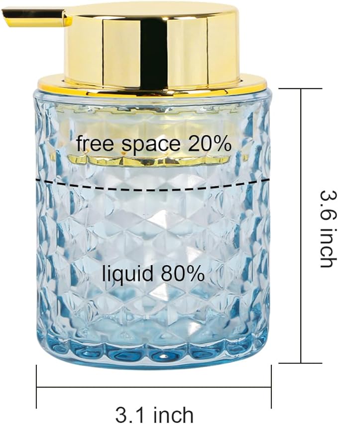 Fvstar 10 Oz Glass Hand Soap Dispenser with Pump, Refillable Bathroom Gold Foaming Soap Dispenser, Vintage Glass Diamond Lotion Container Bottle for Bathroom and Kitchen (2, Blue and Gold)