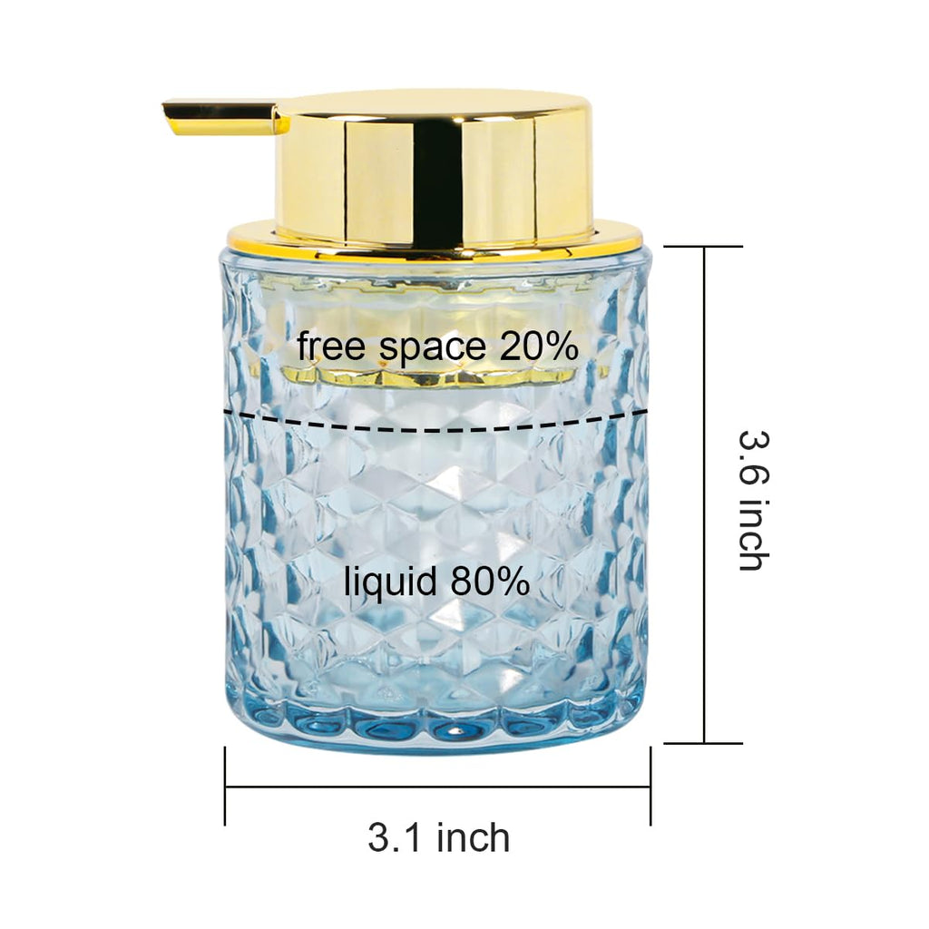 Fvstar 10 Oz Glass Hand Soap Dispenser with Pump, Refillable Bathroom Gold Foaming Soap Dispenser, Vintage Glass Diamond Lotion Container Bottle for Bathroom and Kitchen (2, Blue and Gold)