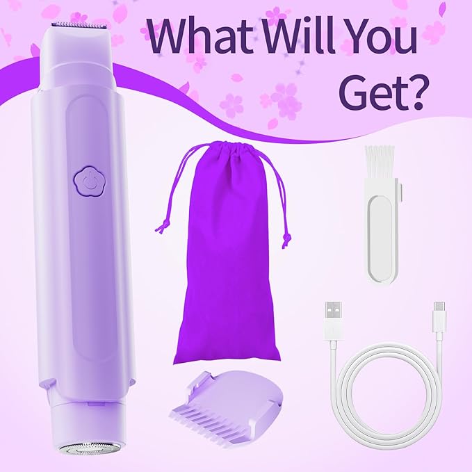 Bikini Trimmer for Women - 2 in 1 Women Electric Razor, Rechargeable Body Hair Trimmer and Facial Hair Remover, IPX7 Waterproof Wet & Dry Use Womens Electric Shaver for Bikini Underarm Leg Arm Body