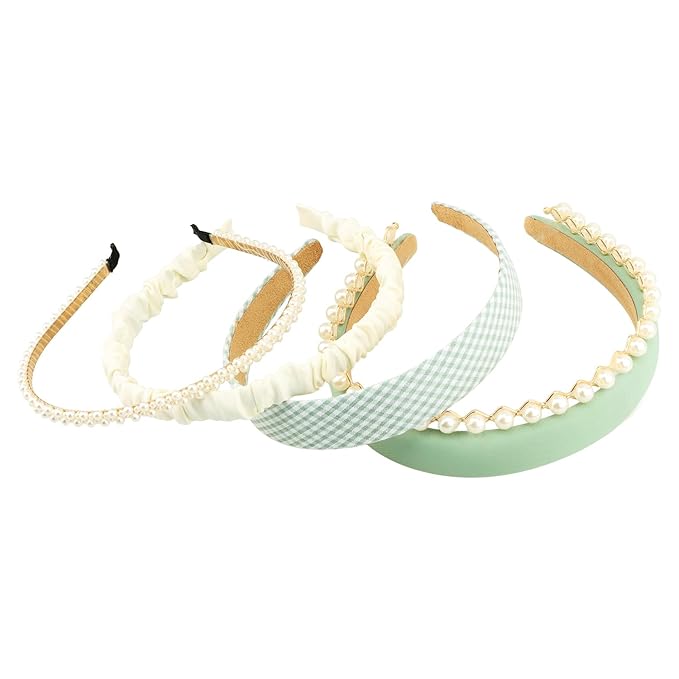 DOXISHRUKY Fashion Headbands for Women Teen Girls Headbands Set, 5pcs Pearl Headband Floral Head bands Padded Headbands for Women Vintage Wide Headband (Green)