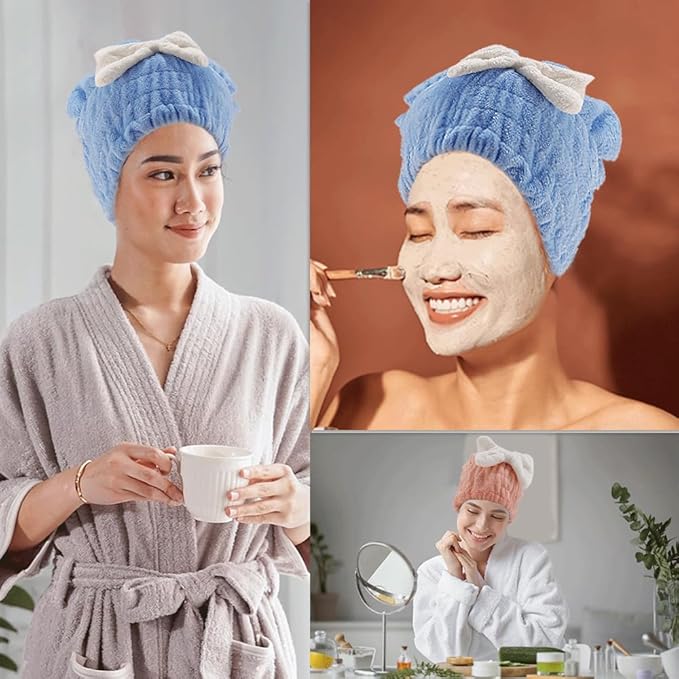 Tihebax 2Pcs Microfiber Hair Wrap Hair Drying Cap Hair Plopping Cap Towel Curly Hair Drying Towel Wrap for Women (Blue and Pink), Small