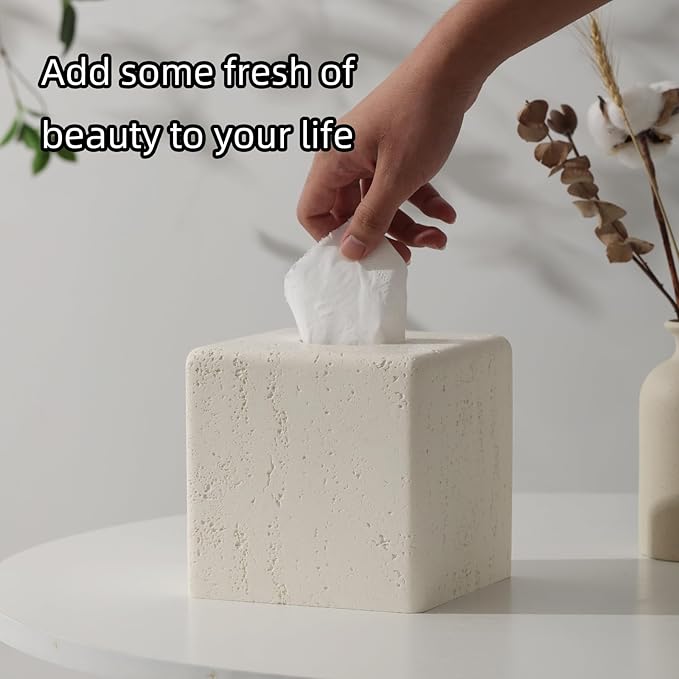 Haocoott Tissue Box Cover Square, Resin Facial Tissue Holder Covers Toilet Paper Holder Decorative Travertine Paper Dispenser Home Decor for Bathroom Bedroom Living Room Office (Off White)