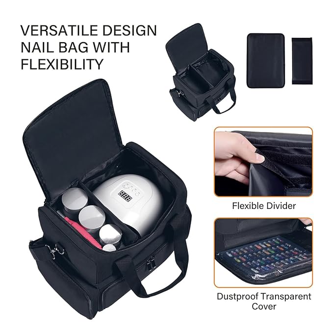 Nail Polish Organizer Case Holds 80 Bottles & Nail Art Lamp,Portable Large Capacity Storage with 2 Removable Bags Store Nail Art Tools,Suitable for Manicurists and Manicure Enthusiasts(Black)