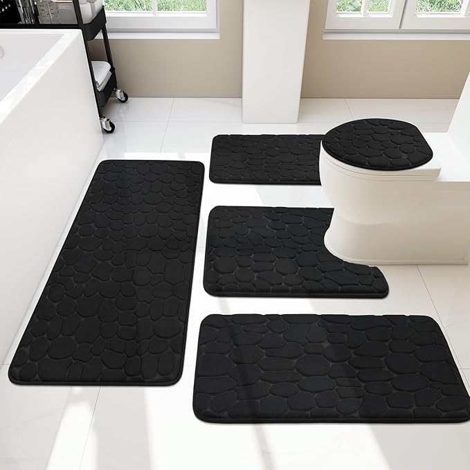 YIHOUSE Bathroom Rugs Mat Set, Memory Foam Bath Mat 5 Piece Black