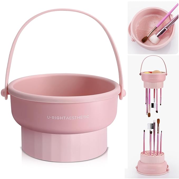 GOLIKEE Makeup Brush Cleaner Mat 3 in 1 Silicone Makeup Brush Cleaner Bowl Cosmetic Brushes Cleaning Tool Organizer for Storage and Air Drying (Pink)
