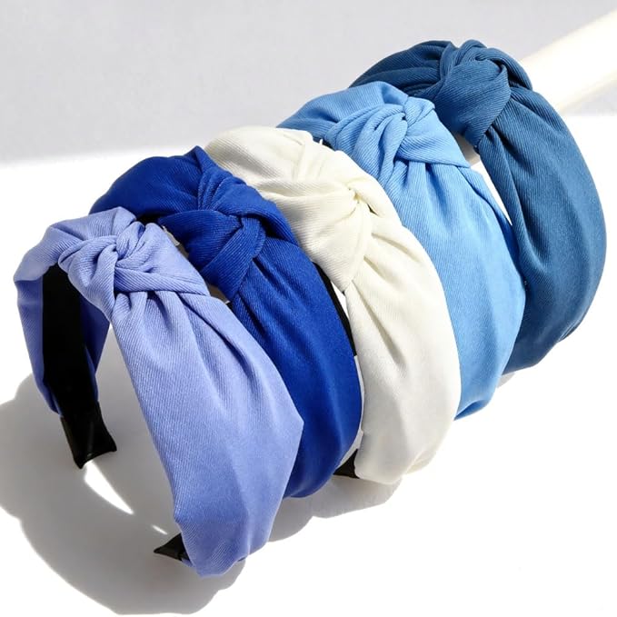 AHONEY 5 Pack Blue Knotted Headbands for Women Girls Trendy Fashion Thick Headbands Top Knot Non Slip Cute Hair Accessories Headband Pack Diademas Para Mujer