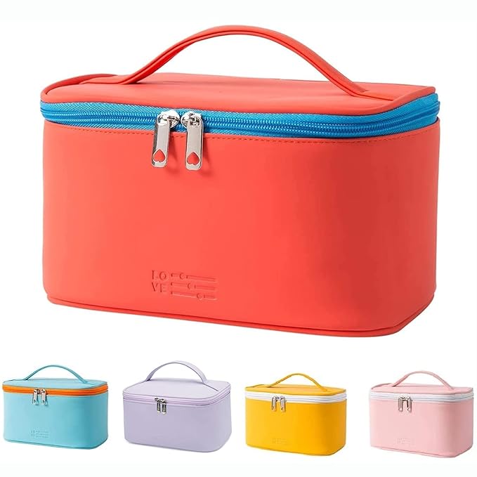 Meiyuuo Travel Makeup Bag for Women, PU Leather Cosmetic Bag, Red