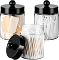 3PC Farmhouse Decor Qtip Holder Apothecary Jars Bathroom Vanity Storage Organizer -Countertop Canister Container &Cute Stickers for Cotton Swab, Ball,Pad,Floss ,Paper Clips (Black，Plastic)
