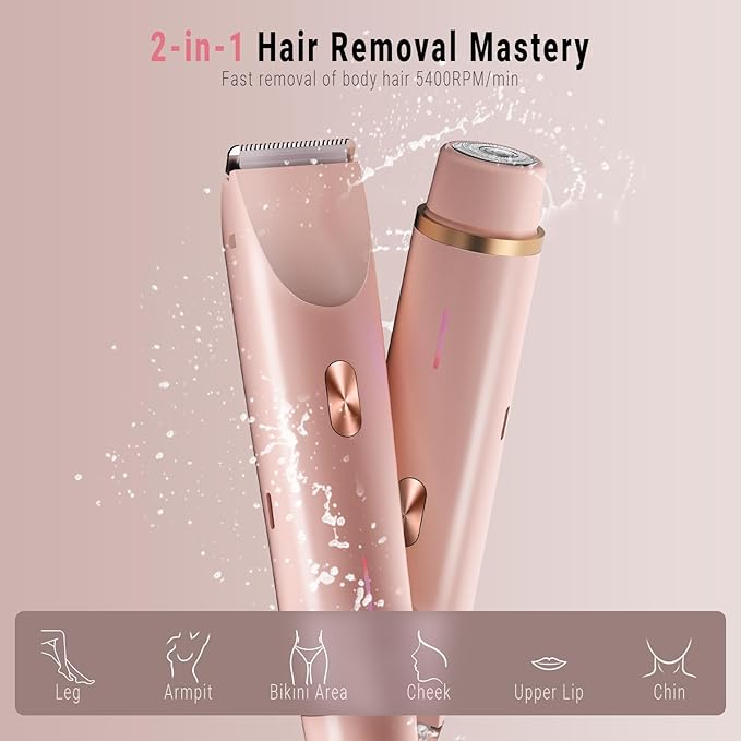 2-in-1 Bikini Trimmer for Women, Bikini Shaver with Dual Heads, Body and Facial Hair Removal, Rechargeable Cordless Electric Razors for Face Chin Pubic Underarm Legs, IPX7 Waterproof, Pink