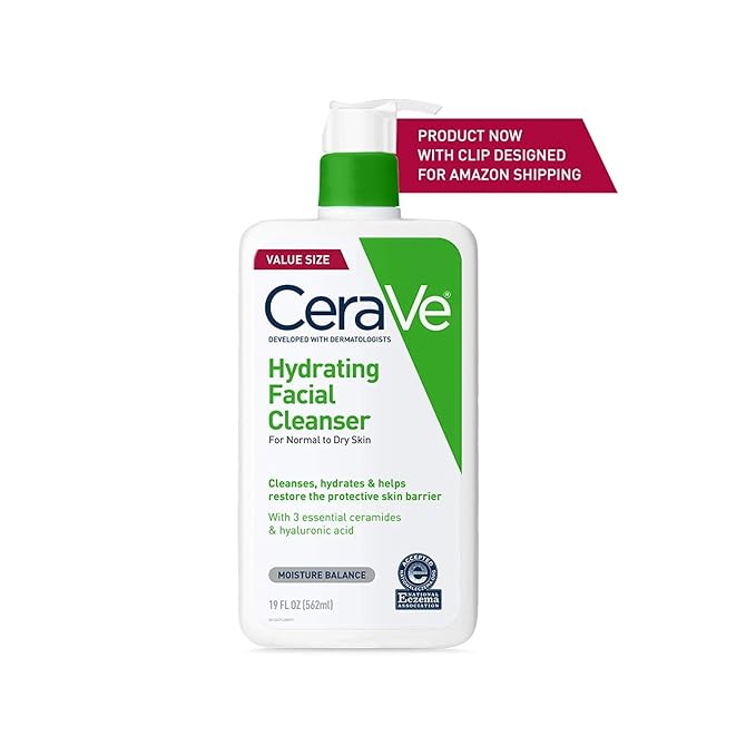 CeraVe Hydrating Facial Cleanser, Moisturizing Face Wash For Dry Skin, Hyaluronic Acid + Ceramides + Glycerin, Hydrating Cleanser For Normal To Dry Skin, National Eczema Association Certified