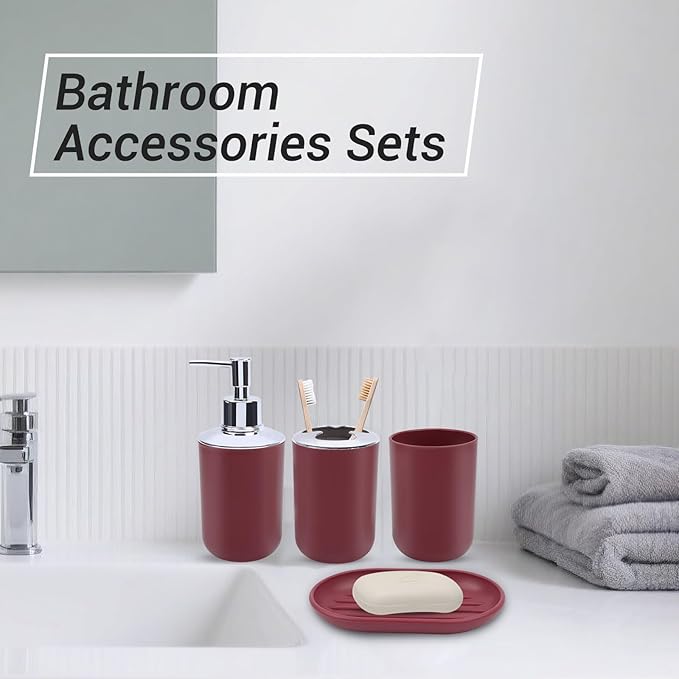 LGURT Red Bathroom Accessories Set, 4-Piece Plastic Bathroom Set with Soap Dispenser, Toothbrush Holder, Rinse Cup & Soap Dish, Bold Red Bathroom Decor for Home