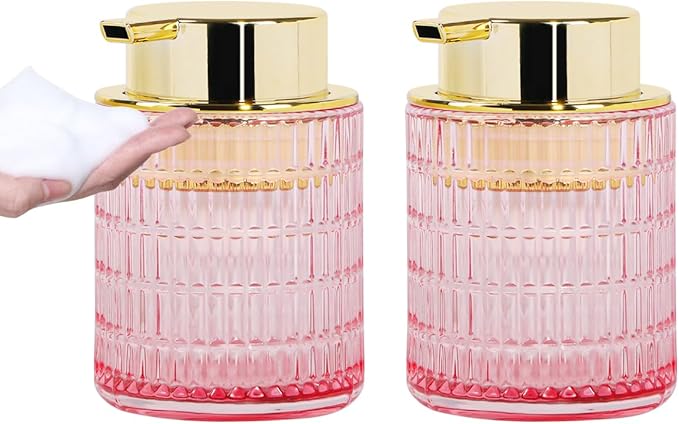 Tonxus 2pcs Foaming Soap Dispenser, Pink Glass Foam Soap Dispenser for Bathroom and Kitchen, 10 Oz Refillable Foaming Pump Bottle with Large Pump, Ribbed Bottle Container Decor