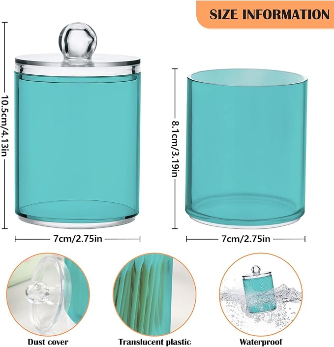 Pale Turquoise Qtip Holder Organizer Dispenser Cotton Swabs Cans Plastic Jars with Lid Set 4 Pack Bathroom Storage Canister for Cotton Ball Floss Cotton Pads