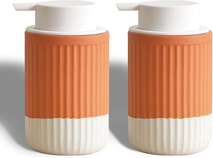 ABBI NIMO 2 Pack Hand Dipped Terracotta Ceramic Foam Soap Dispenser, 12 oz Rippled Bubble-Up Bottle with White Silicone Pump, Refillable Orange Hand Soap Dispenser for Bathroom