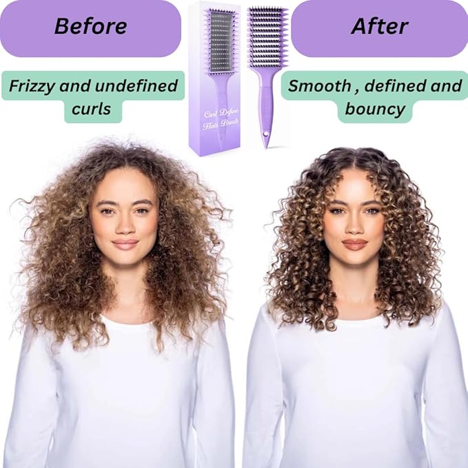 Curl Defining Brush with Hair Clips – Detangling Tool for Wet or Dry Styling, Ideal for Curly Hair, Women & Girls (Purple)