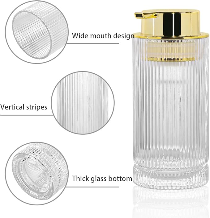 Tonxus 14 Oz Foaming Soap Dispenser, Clear Glass Soap Dispenser, Refillable Foam Pump Bottle Lotion Container with Gold Pump, Decorative Slim Ribbed Bottle for Bathroom and Kitchen Decor