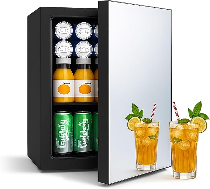 DOGHLY Compact Mini Fridge - 24 Cans/0.95 Cu.Ft Beverage Refrigerator with Mirrored Door & Digital Thermostat, Small Cosmetics Cooler for Skincare, Drinks, Food, Office, Dorm, Black